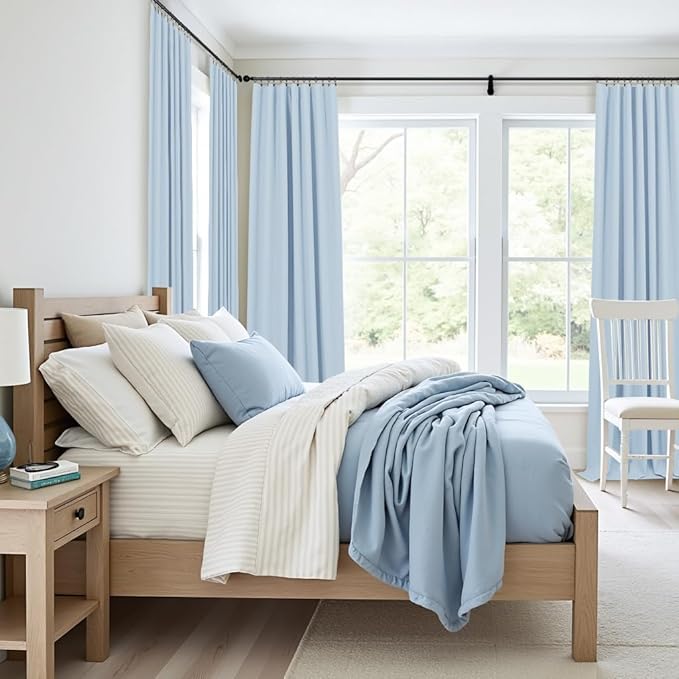 Light Blue Curtains 96 Inches Long for Living Room Linen Boho Blackout Room Darkening Back Tab Pleated Thermal Window Treatments Pale Blue Black Out Curtain Drapes for Bedroom Decor 96 Length 2 Panel