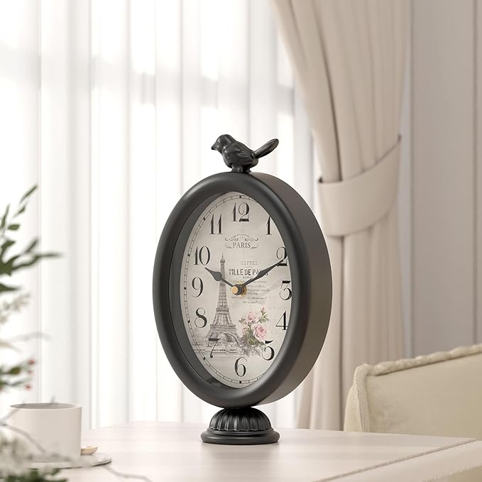 Vintage Table Clock with Bird, Desk and Shelf Decor Clock, French Paris Style, Antique Black Metal Mantel Clocks for Living Room, Farmhouse, Bedroom, Bedside, Gift (10" H x 5.9" W)