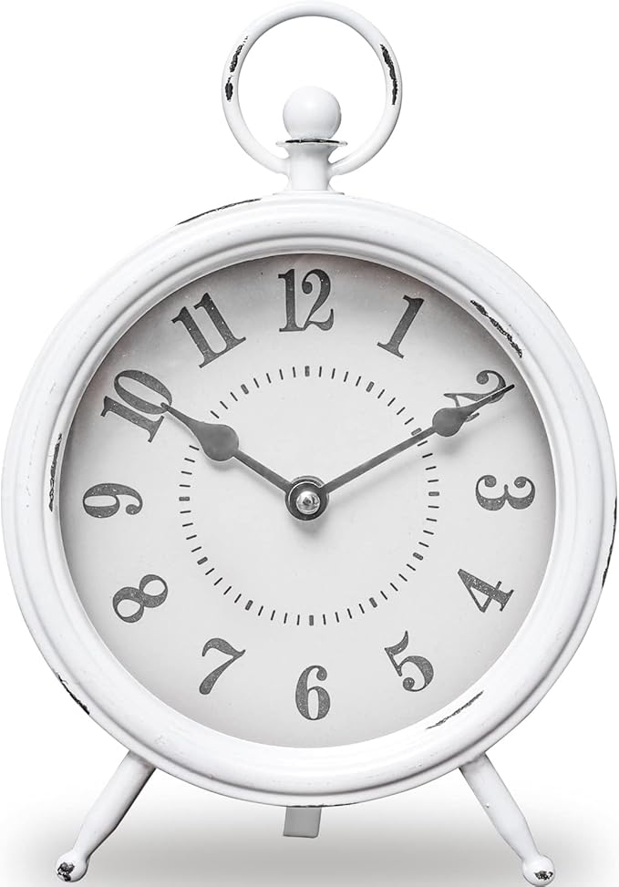Vintage Rustic White Table Clock on Stand, Decorative Desk and Shelf Clock Farmhouse Mantel Clock Rustic Non-Ticking Clock