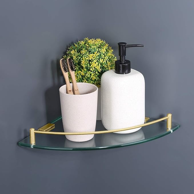 KES Glass Corner Shelf Bathroom Shelf Tempered Glass with Rail SUS 304 Stainless Steel Floating Wall Mount Bracket Brushed Gold, BGS2101A-BZ