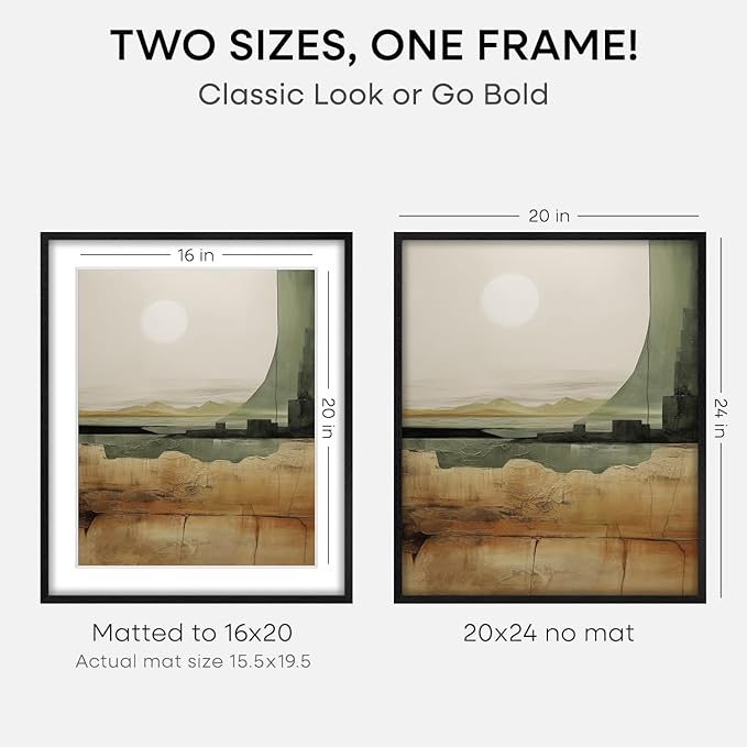 Homeforia Black Wood Frame 20x24, High End Oak 20x24 Wooden Picture Frames with Mat 16x20 Photo, 20 x 24 Poster Frame Matted to 16 by 20 Print, 24x20 Hanging Frames, Tempered Glass, Wall Kit, Set of 1