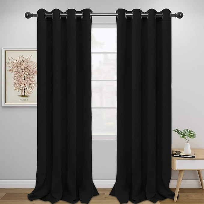 Easy-Going Blackout Curtains for Bedroom, Solid Thermal Insulated Grommet and Noise Reduction Window Drapes, Room Darkening Curtains for Living Room, 2 Panels (52x96 in,Black)