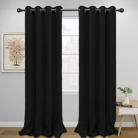 Easy-Going Blackout Curtains for Bedroom, Solid Thermal Insulated Grommet and Noise Reduction Window Drapes, Room Darkening Curtains for Living Room, 2 Panels (52x96 in,Black)