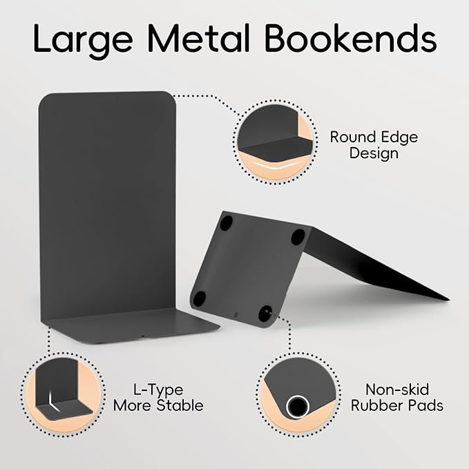 M&G Book Ends 1 Pair, Black Large Metal Bookends for Shelves, L-Type Book Stopper for Heavy Books, Non-Skid Bookstand for Office Home School Supplies