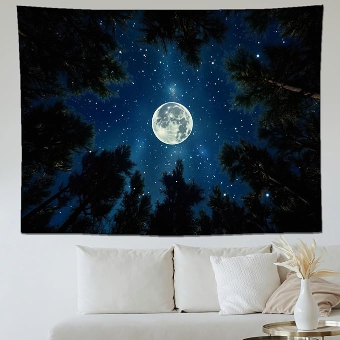 keowhsf Forest Galaxy Tapestry for Bedroom Ceiling - Starry Night Sky with Moon and Trees, Blue Aesthetic Wall Hanging, Milky Way Landscape Backdrop for Living Room and Dorm Decor