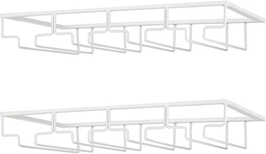 Wine Glass Rack - Under Cabinet Stemware Wine Glass Holder Glasses Storage Hanger 2 Pack Metal Organizer for Bar Kitchen 4 Rows White