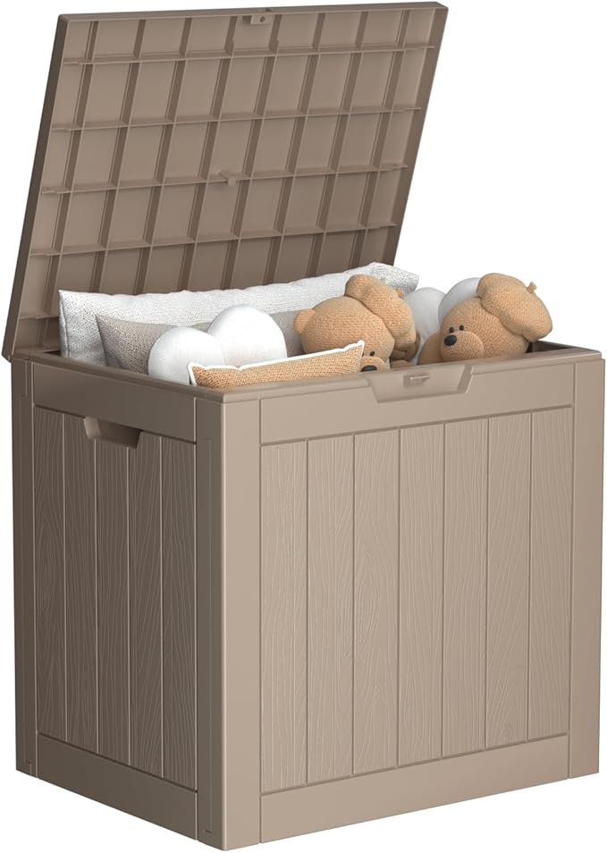 36 Gallon Outdoor Deck Box,Storage Lockable Waterproof Patio Furniture,Garden Tools,Cushions,Pool Accessories Outside Storage Resin Box(Grey)