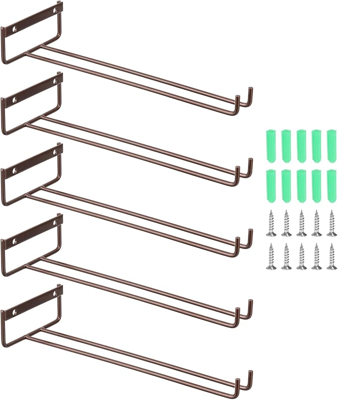uxcell 5Pcs Wine Glass Rack, 11.02 Inch Iron Wine Glasses Rack Under Cabinet Stemware Rack - Wall Mountable Wine Glass Holder Storage Hanger for Bars Coffee Restaurants Kitchens, Bronze