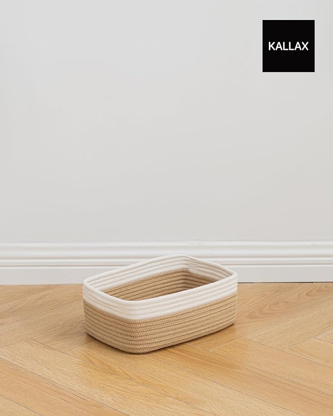 KALLAX Small Woven Basket, 12 x 8 x 4.5 Inches, Storage Basket for Organizing, Cute Small Rope Shelf Closet Cube Storage Bins Baskets for Shelves, Dog Toy Gift Baskets Empty, 3 Pack White & Brown