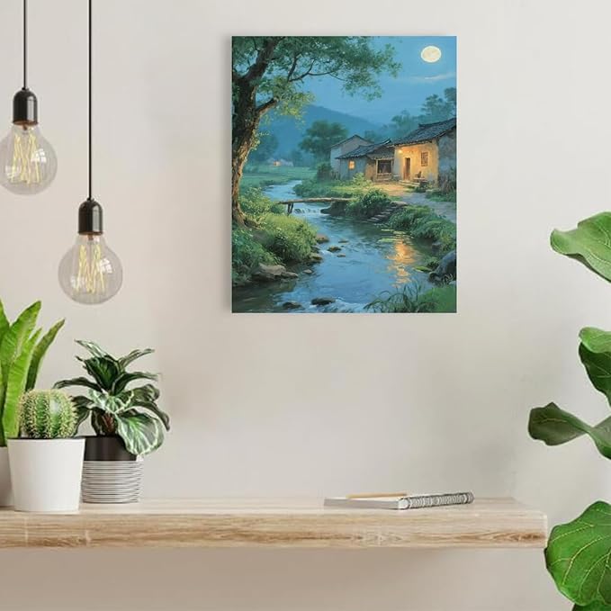Moonlight under the big tree creek cabin scenery is suitable for posting in the living room bedroom office scenery poster wall painting