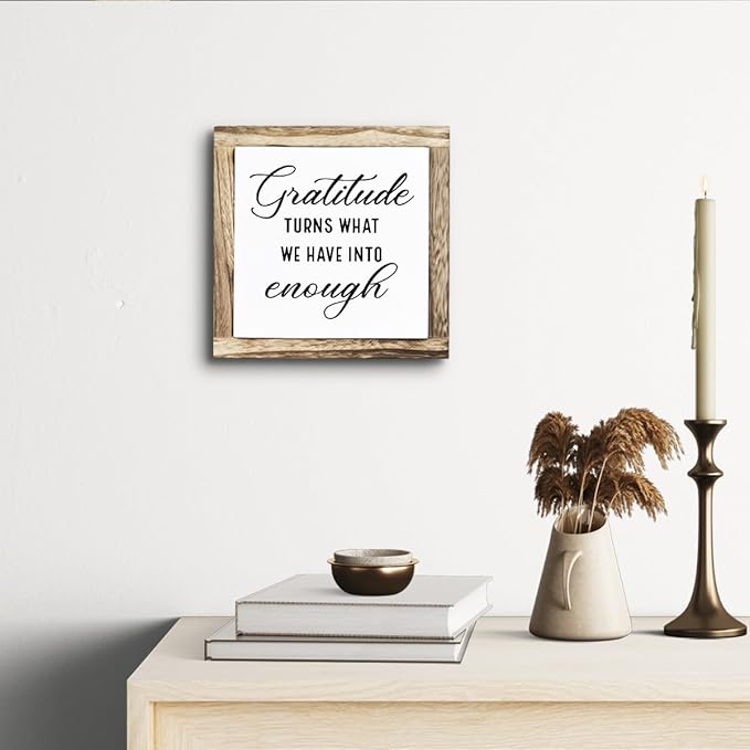 Rustic Wood Sign, Gratitude Turns What We Have Into Enough Sign, Wooden Plaques Table Decor, Inspirational Desk Decorate, Home Office Decor, Thankful Quote Signs, Small Wooden Box Signs
