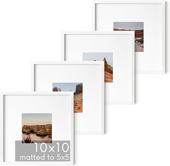 HAUS AND HUES 10x10 White Metal Picture Frames Matted to 5x5 - Features Premium Aluminum & Hanging Hardware, Shatterproof Plexiglass - Ideal for Home, Room, Office (10x10 in, White, Set of 4)