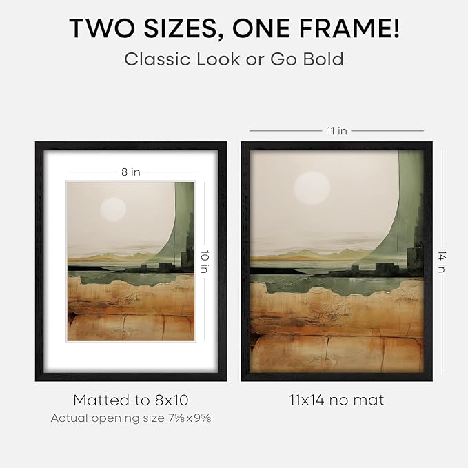 Homeforia 11x14 Picture Frame Black Wood, High End Oak 11x14 Poster Frames with Mat 8x10, 11 x 14 Wooden Frame Matted to 8 x 10 inch Photo, 14x11 Thin Hanging Frame, Tempered Glass, Wall Kit, Set of 1