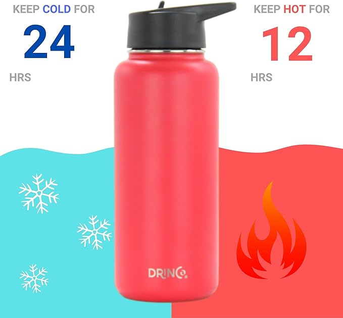 DRINCO Stainless Steel Water Bottle Spout Lid Vacuum Insulated Double Wall Water Bottle Wide Mouth (40oz 32oz 22oz 18oz 14oz) Leak Proof Keeps Cold or Hot (32 oz, 32oz Barn Red)