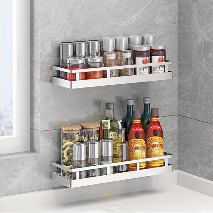 2PCS Kitchen Spice Rack, SUS304 Stainless steel Wall Mount Storage Rack, Seasoning Container, 15.7Inch Spice Organizer, Kitchen Seasoning Hanging Rack, Bathroom Shelf for Storing Toiletries