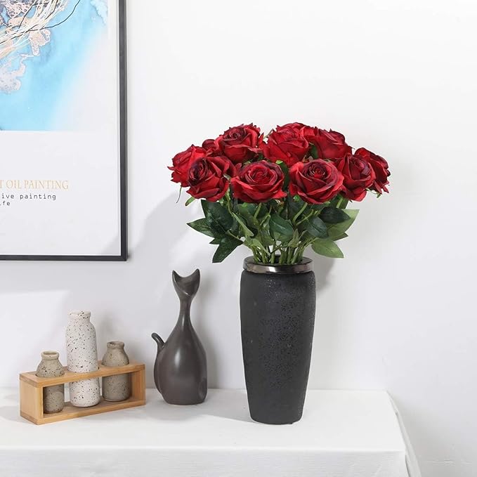 Burgundy Fake Roses Artificial Flowers - 10 Pcs Fake Artificial Roses Silk Flowers with Stems for Home Wedding Hotel Office Centerpiece Decor（Burgundy）