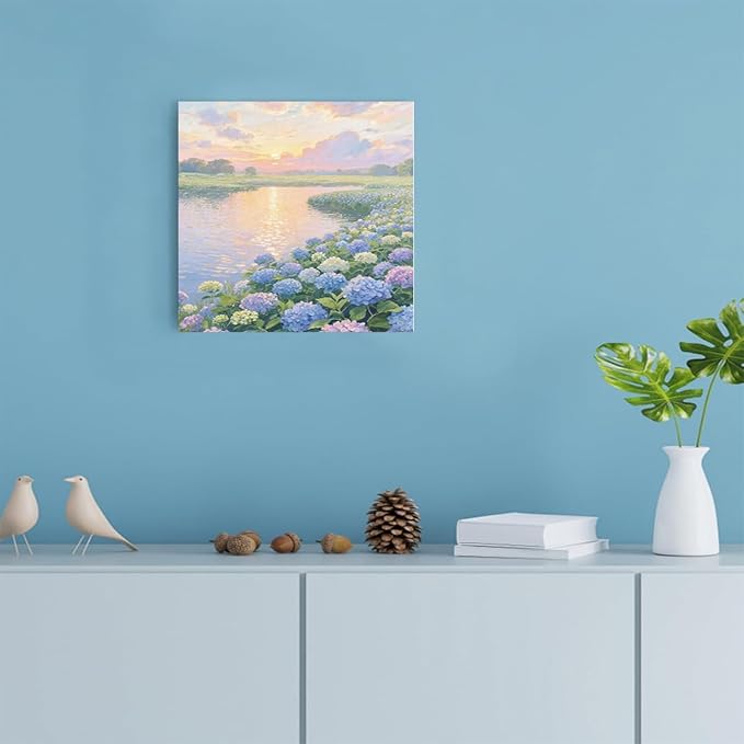 The hydrangea scenery all over the lake at sunset is suitable for posting in the living room bedroom office landscape poster wall painting