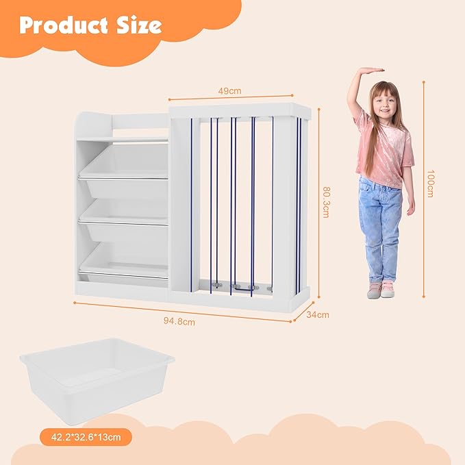 Kids Toy Storage Organizer with 3 Removable Plastic Bins Toddler Montessori Bookshelf with Stuffed Animal Net Holder Baby Bookcase Plush Organizer for Playroom,Bedroom,Kids Room,Classroom,Nursery