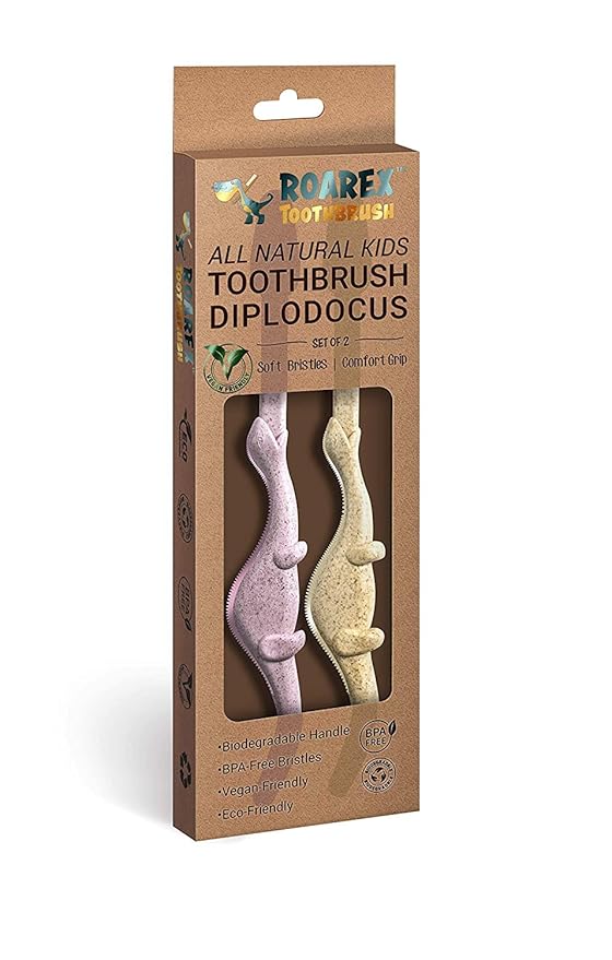 ROARex Vegan Eco Friendly Kids Toothbrush Natural Dinosaurs Made from Plants | 100% Biodegradable and Compostable | 1% for The Planet Product