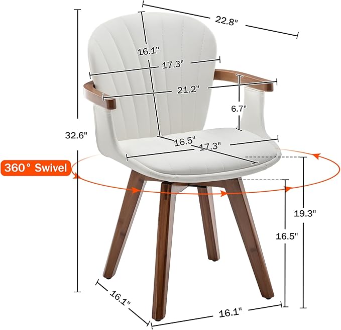 LUNLING Swivel Dining Room Chairs Set of 2,Mid Century Modern White Faux Leather Kitchen Chair with Arms,Bamboo Legs Side Chairs No Wheels,Accent Chair for Dining Rooms and Offices