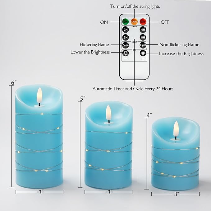 Homemory Flameless Candles with String Lights, 3 Pack Embedded Fairy String Lights LED Candles, Electric Flickering Candles with Remote Control and Timer, Real Wax, Blue