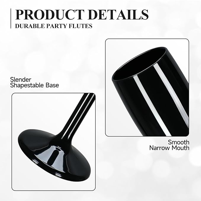 XUWAIDSGN Acrylic Champagne Flutes Toasting Glasses Unbreakable Mimosa Bar Reusable Wine Glasses Vintage Champagne Flutes Stemmed Drinking Cups 5.4 OZ for Christmas Birthday (100, Black)