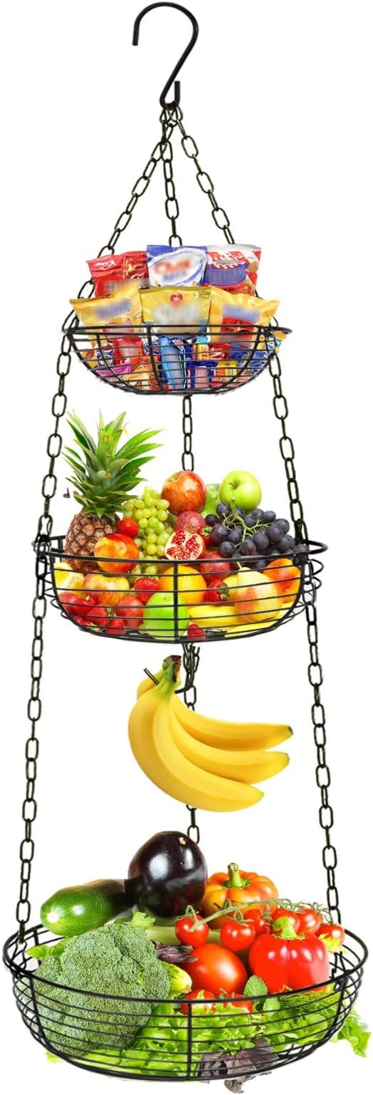 HULISEN 3 Tier Hanging Fruit Basket with Banana Hook, Heavy Duty Wire Hanging Baskets for Kitchen Storage, 36 Inch Hanging Vegetable Produce Basket Organizer (Including Installation Bracket)