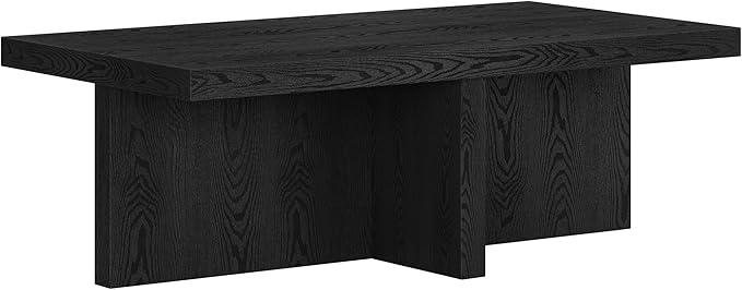 Henn&Hart 44" Rectangular Wood Pedestal Low-Profile Coffee Table for Living Room, Family Room, or Office, Black Grain