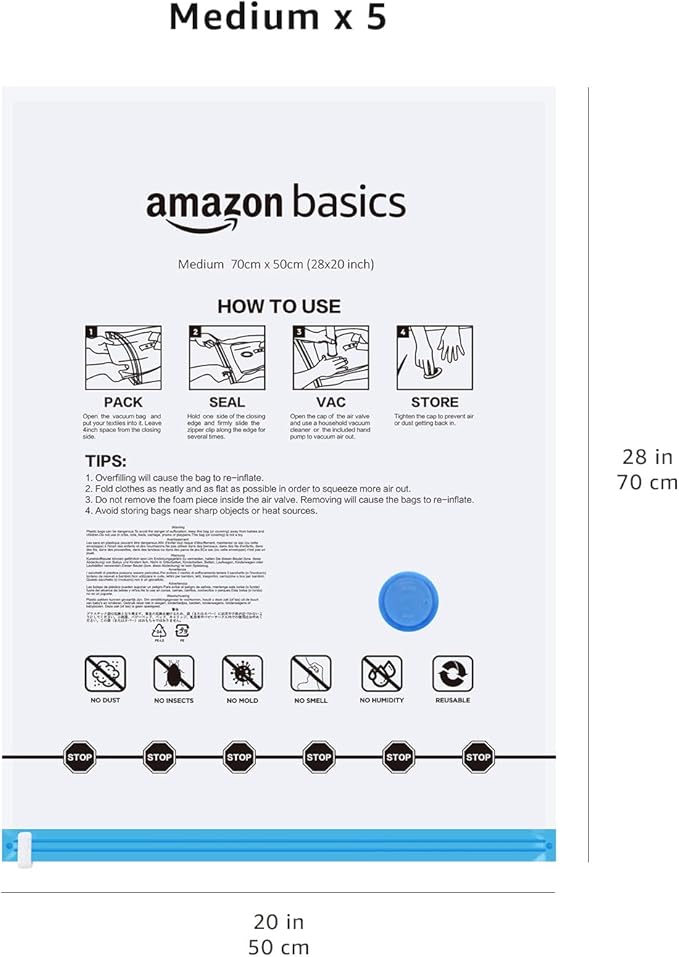 Amazon Basics Vacuum Compression Zipper Storage Bags With Hand Pump, Medium, Clear, 5-Pack, White, Sky Blue