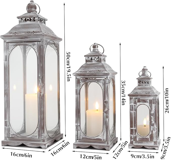 TRIROCKS Set of 3 Vintage Candle Lanterns 10/14/19.5''H Decorative Outdoor Lantern Metal Candle Holder with Tempered Glass for Home Living Room Garden Yard Parties Event Indoors Outdoors (Cement Grey)