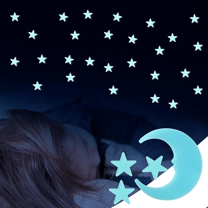 100 Stars and 1 Moon Glow in The Dark Luminous Fluorescent 3D Plastic Glow Stars Moon for Ceiling, Glowing Wall Stickers Create a Realistic Starry Sky, Room Decorations (Blue)