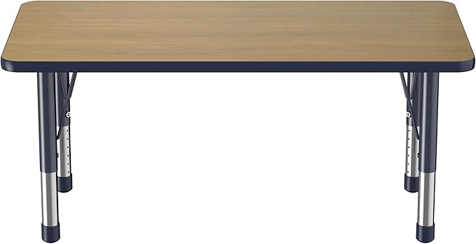 FDP Rectangle (24 x 48 inch) Classroom Table with Adjustable Chunky Toddler Legs (15-24 in); Preschool, Kinder and Daycare Furniture - Pasadena Oak Top/Navy Edge and Legs