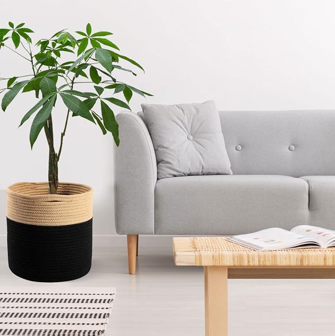 Woven Cotton Rope Plant Basket for 10" Flower Pot Floor Indoor Planters Flower Pot, Home Decor Storage Organizer H11 x W11 Black&Brown
