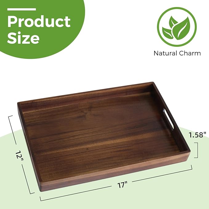 Acacia Wood Serving Tray with Handles, 17 Inch Wooden Tray for Ottoman, Breakfast, Lunch, Dinner, Decorative Rectangular Tray for Living Room, Kitchen Counter, Outdoor