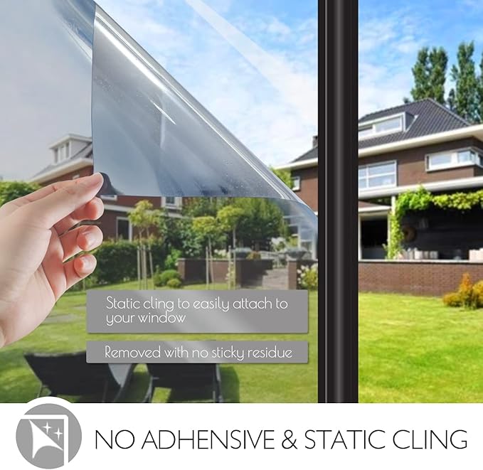 HIDBEA One Way Window Film Non-Adhesive, Heat Control Sun Blocking Daytime Privacy Glass Films, Reflective Self Static Cling Mirror Window Tint for Home (Silver, 35.4 Inch x 16.4 Feet)