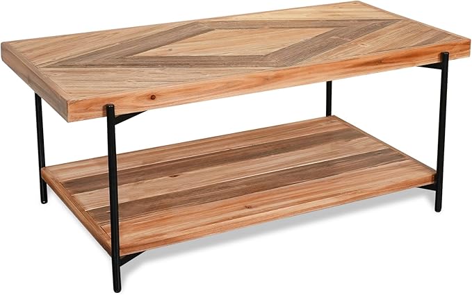 CONSDAN StoneCreek Coffee Table, Solid Fir Wood & Metal Frame, 2-Tier Industrial Farmhouse Table for Living Room/Office, 44" Rectangular Table