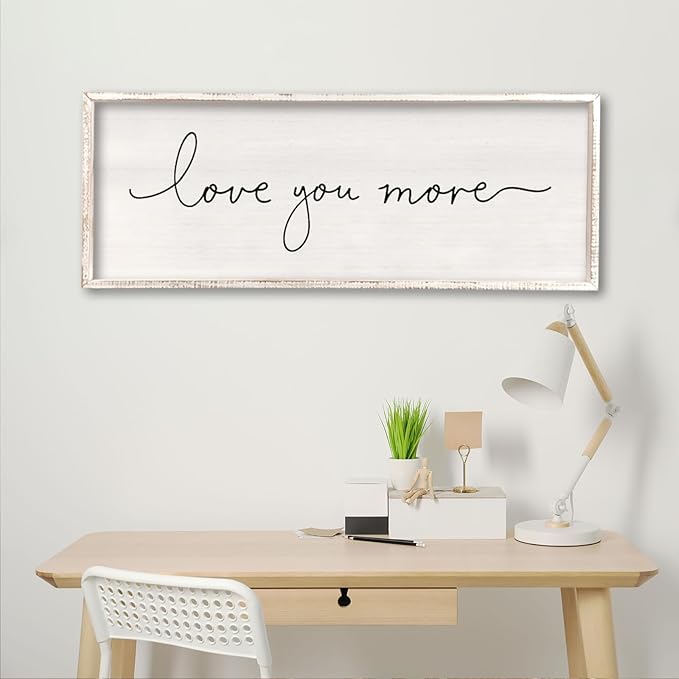 Love You More Sign 40''×15'' Master Bedroom Above Over Bed Wall Decor Modern Farmhouse Large Vintage Wood Framed Hanging Over Bed Bedside Wall Art (White)