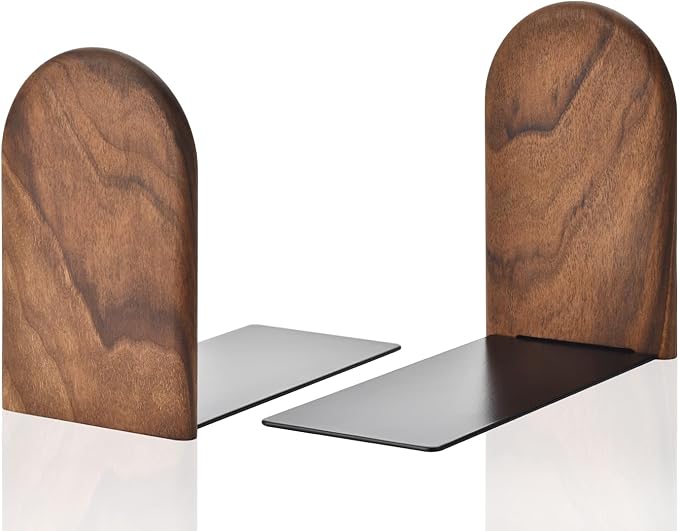 Book Ends, Sturdy Wooden Bookends for Shelves - Heavy Duty Non-Slip Book Organizers, Decorative Bookend Holders for Home Office, Library, Black Walnut Universal Economy Bookend, Small, 1 Pair
