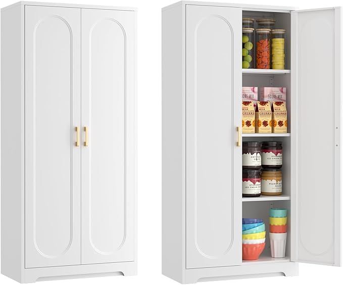 60" Tall Kitchen Pantry Cabinet, Metal Pantry Cabinet with Doors and Adjustable Shelves, White Utility Storage Cabinet with Handles for Dining Room, Bathroom, Laundry Room - Assemble Required