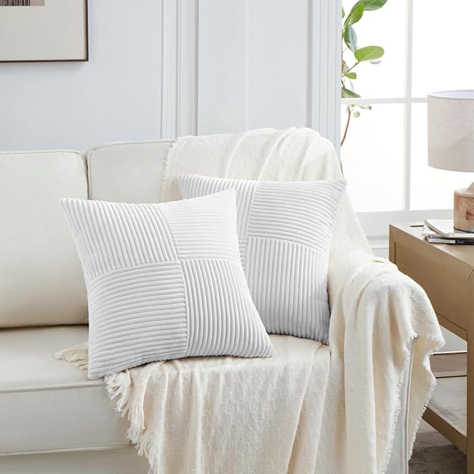 Fancy Homi 2 Packs Pure White Decorative Throw Pillow Covers 20x20 Inch for Living Room Couch Bed Sofa, Rustic Farmhouse Boho Home Decor, Soft Corss Corduroy Patchwork Accent Cushion Case 50x50 cm