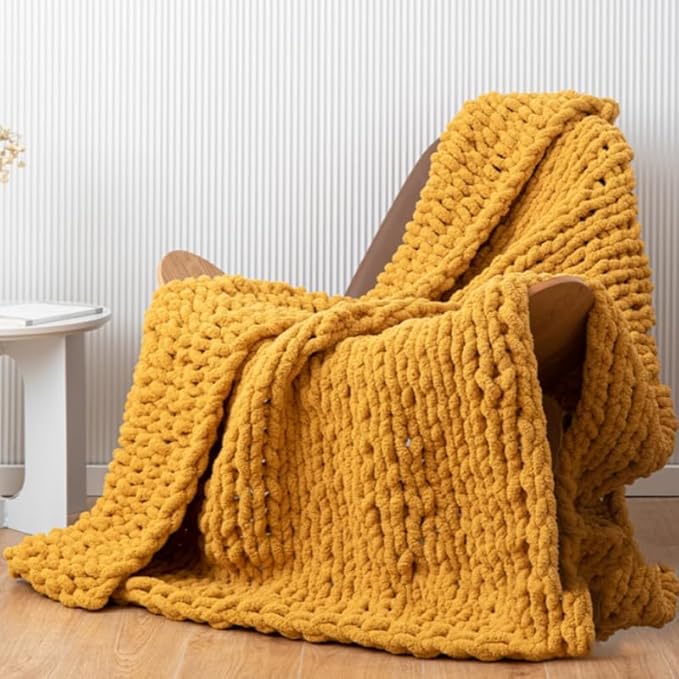 Chunky Knit Blanket Throw 40"×40", Hand Knitted Warm Chenille Throw Blanket, Home Decor Soft Thick Yarn Cable Knit Blanket,Soft Breathable Fleece Banket Christmas for Couch Bed Sofa Best Gift (Yellow)