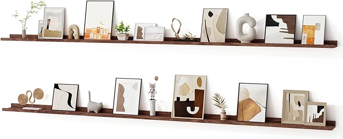 Floating Picture Ledge Shelves for Wall Set of 2, 95 Inches Picture Ledge Shelf with Long Large Nursery Book Shelf for Toys Storage Kids Bookshelf Wall Mounted Living Room Bedroom Decor Frames, Walnut