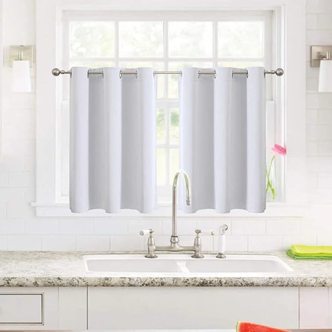 ChrisDowa Small Window Curtains for Kitchen and Bedroom - Grommet Short Thermal Insulated Room Darkening Curtains (2 Panels, Greyish White, 34 x 36 Inch)