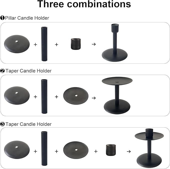 Set of 7 Metal Black Candle Holders, Assemblable Pillar and Taper Candlesticks, Halloween Fall Thanksgiving Day Dining Table Centerpieces Decor, Mantle Fireplace Candle Sticks Decorations