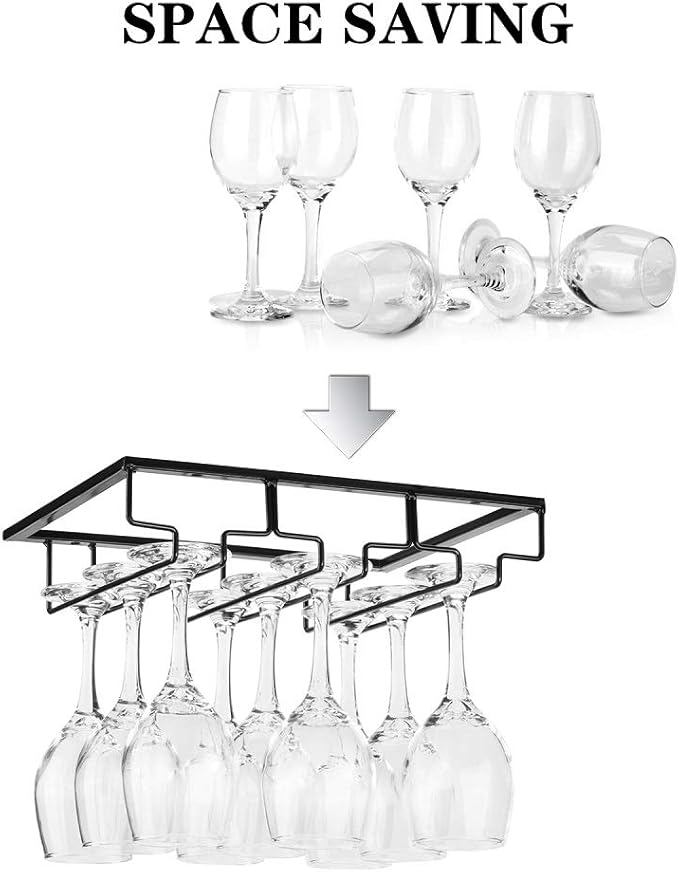 Wine Glass Rack - Under Cabinet Stemware Wine Glass Holder Glasses Storage Hanger 2 Pack Metal Organizer for Bar Kitchen Black