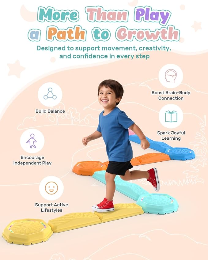Holyton Music Light Up Balance Beam and Toddler Stepping Stones 13 Pieces, Non-Slip Plastic Balance Stackable Stepping Stones for Kids, Sensory Toys for Toddlers, Indoor or Outdoor Play, Easy Storage
