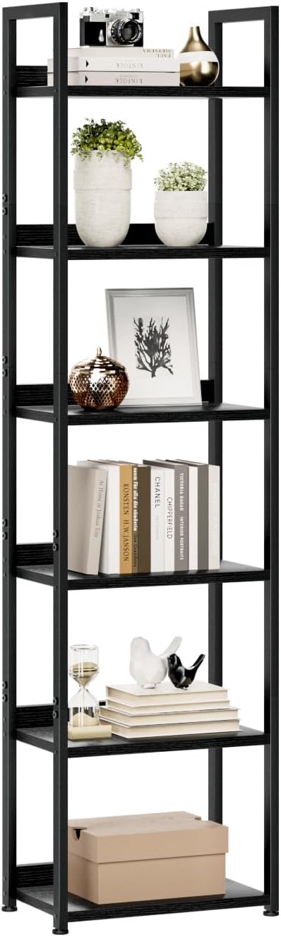 NUMENN Narrow Bookshelf, 6 Tier Bookshelves, Home Office Bookcase Shelf Storage Organizer, Free Standing Storage Shelving Unit for Bedroom, Living Room and Home Office, Black