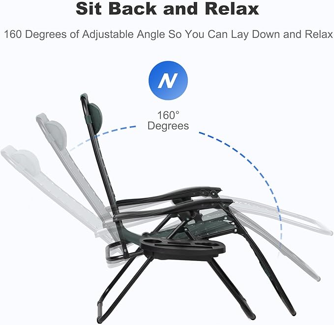 Nazhura Set of 2 Relaxing Recliners Patio Chairs Adjustable Steel Mesh Zero Gravity Lounge Chair Beach Chairs with Pillow and Cup Holder (Dark Green)