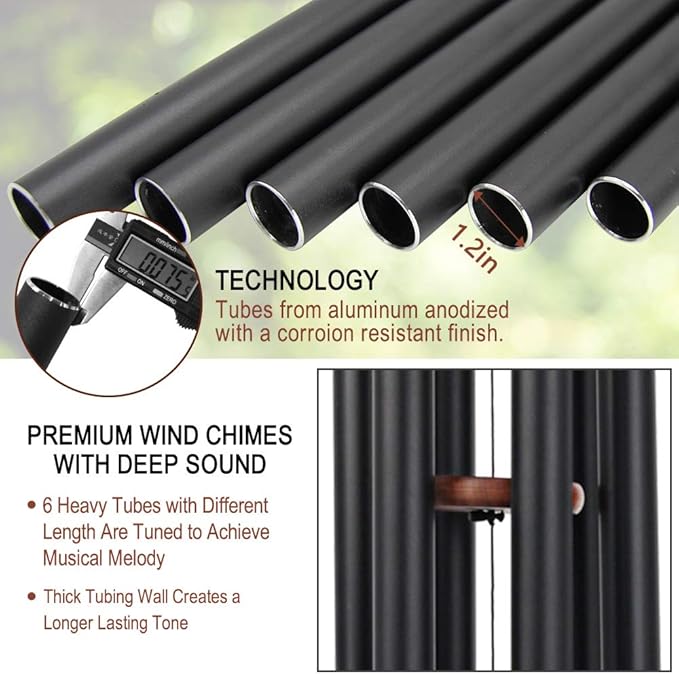 Wind Chimes Outdoor Large Deep Tone, 44 Inches Sympathy Wind Chimes Tuned Soothing Melody, Memorial Wind-Chime with 6 Heavy Tubes for Outside Decoration, Garden/Yard. Black Wind Chime