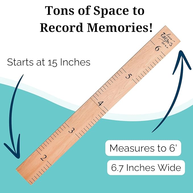 Wooden Growth Chart – Kids Height Chart, Wall Measurement for Kids, Height Chart for Wall, Growth Ruler for Children – Natural with Black Numerals - “Love Grows Here” (63" x 6.7")